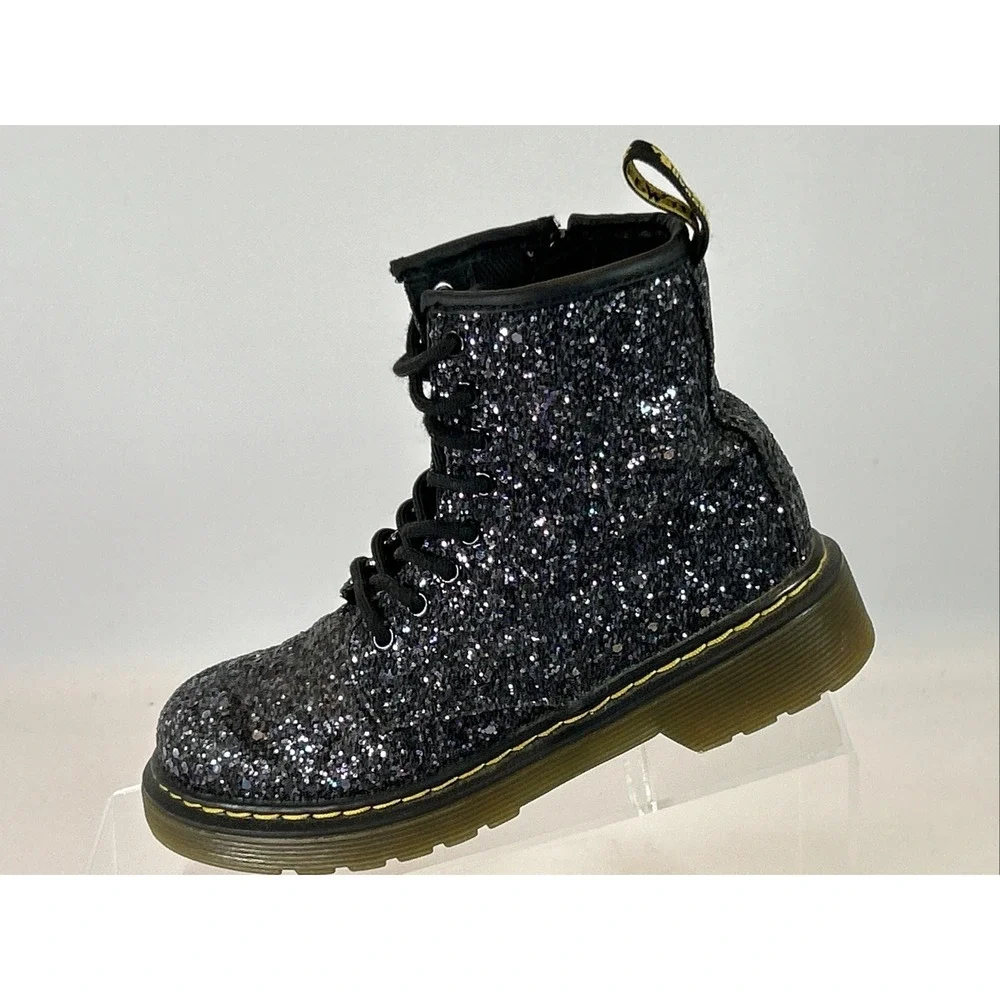 Doc Dr. Martens Black Glitter Combat Boots Kids Size 13 1460 Glitter J Side Zip - Picture 3 of 14